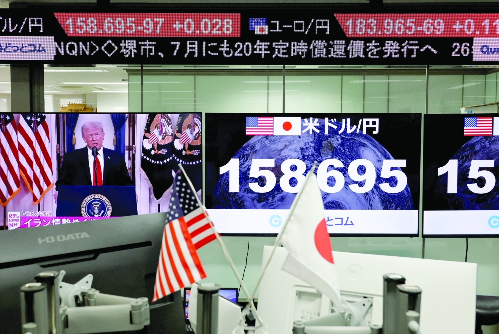 Monitors displaying the current Japanese Yen exchange rate against the US dollar in a dealing room in Tokyo. — Reuters
