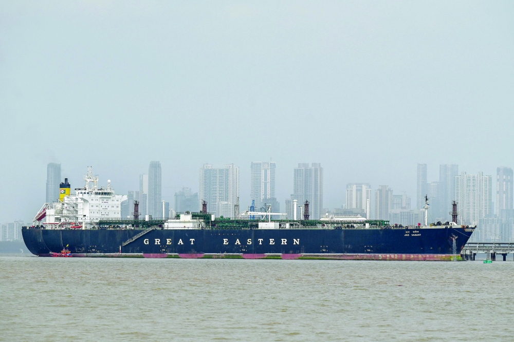 Jag Vasant, an Indian-flagged tanker carrying liquefied petroleum gas (LPG) that transited through the Strait of Hormuz, in Mumbai. — AFP