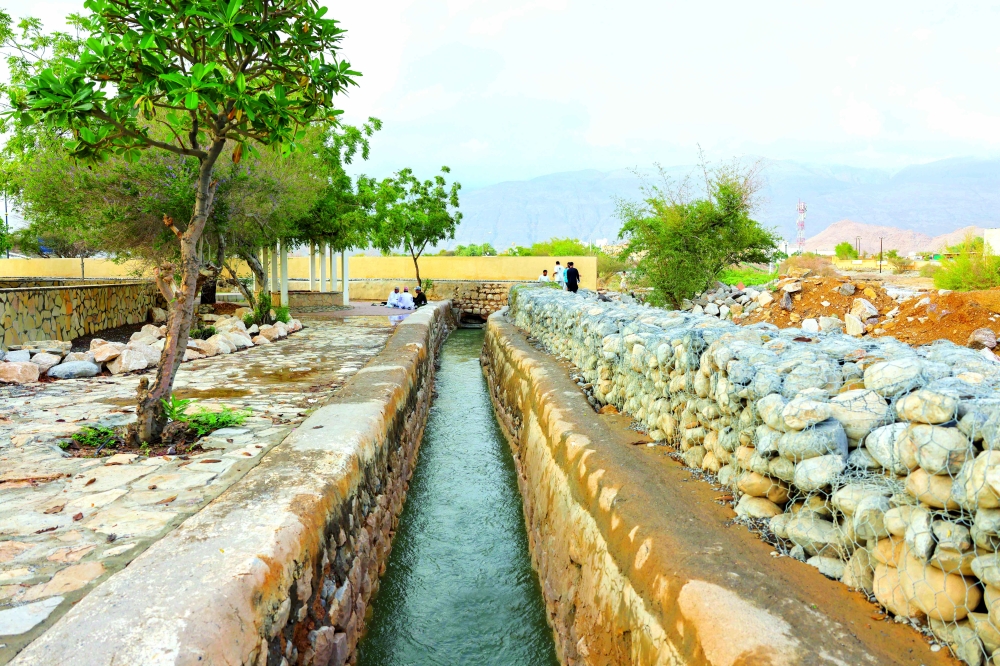 Water flow in the falaj has increased significantly, with stronger currents and visibly higher levels along its channels.