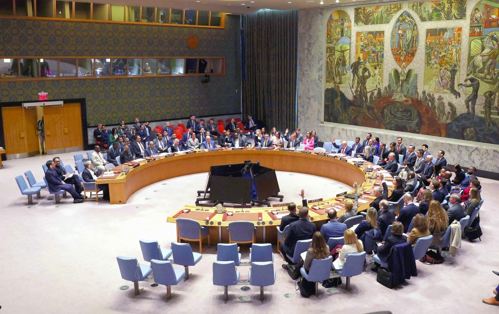 Members of the United Nations Security Council vote on a resolution calling for the unblocking of the Strait of Hormuz, at UN headquarters in New York. — AFP