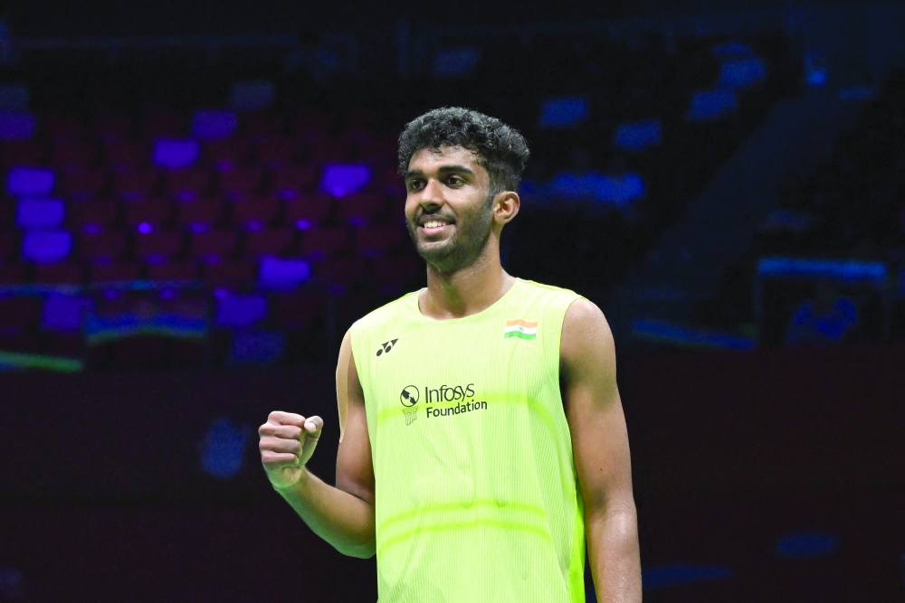 India's Ayush Shetty reacts during the men's singles quarter final match against Indonesia's Jonatan Christie at the Badminton Asia Championship in Ningbo, eastern China's Zhejiang province. — AFP
