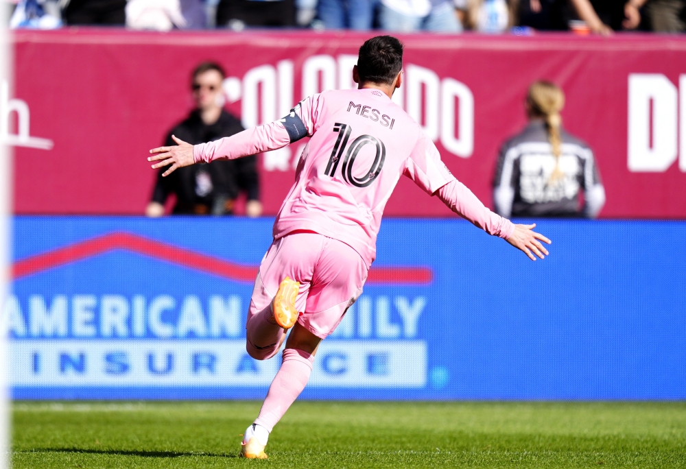   Inter Miami CF forward Lionel Messi (10) celebrates his go ahead goal in the second half against the Colorado Rapids 