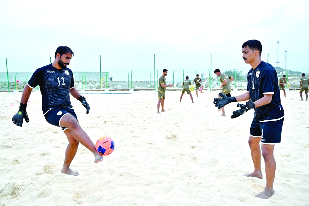 Beach soccer team training session.