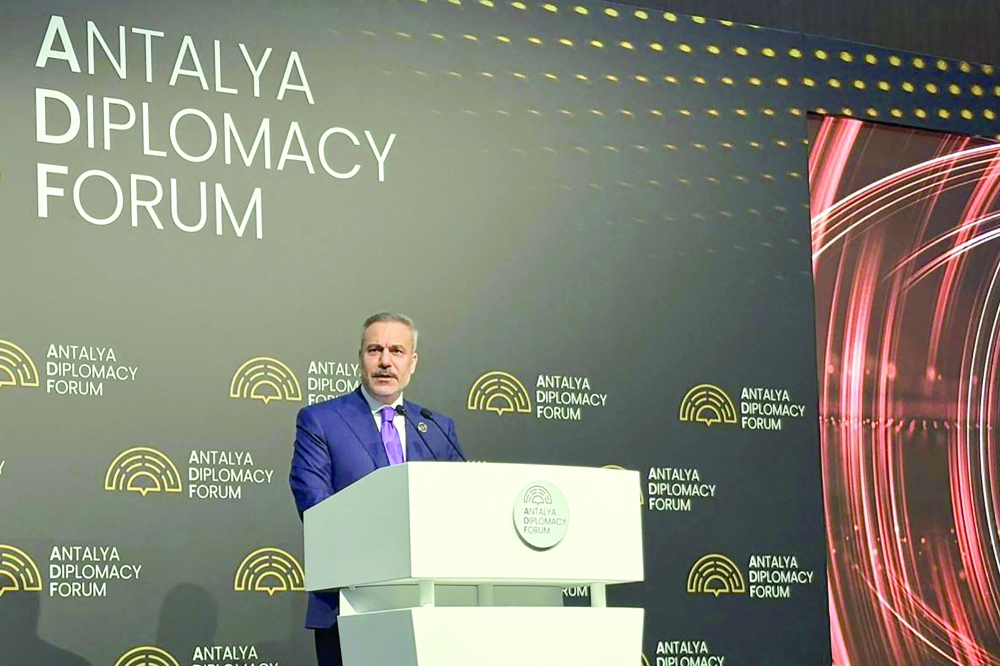 Türkiye's FM Hakan Fidan delivers a speech as he attends the 5th edition of the Antalya Diplomacy Forum (ADF2026). — AFP