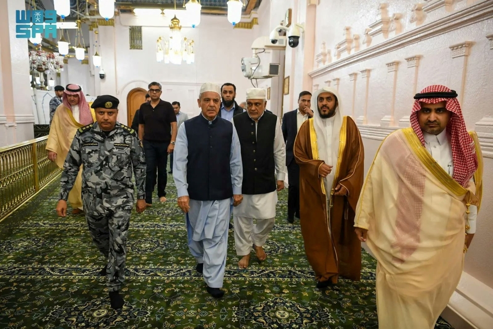 Pakistan's Prime Minister Shehbaz Sharif visits the Prophet's Mosque in Madina, Saudi Arabia