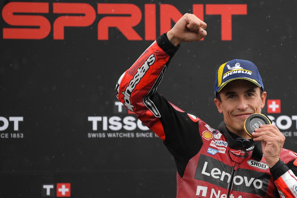 Ducati Lenovo Team's Marc Marquez celebrates winning the MotoGP Spanish Grand Prix sprint race 
