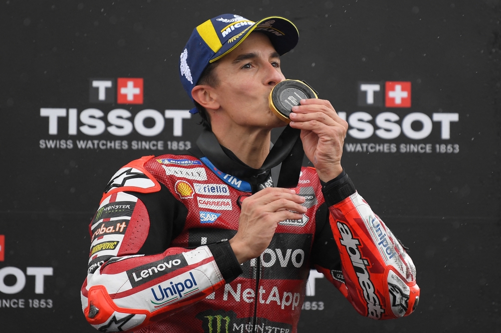 Ducati Lenovo Team's Marc Marquez celebrates winning the MotoGP Spanish Grand Prix sprint race  
