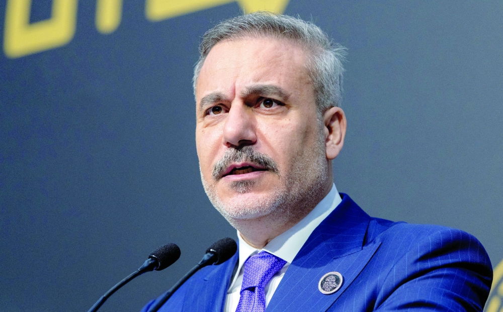 Turkey's Foreign Minister Hakan Fidan speaks to the reporters at Antalya Diplomacy Forum in Antalya, Turkey.