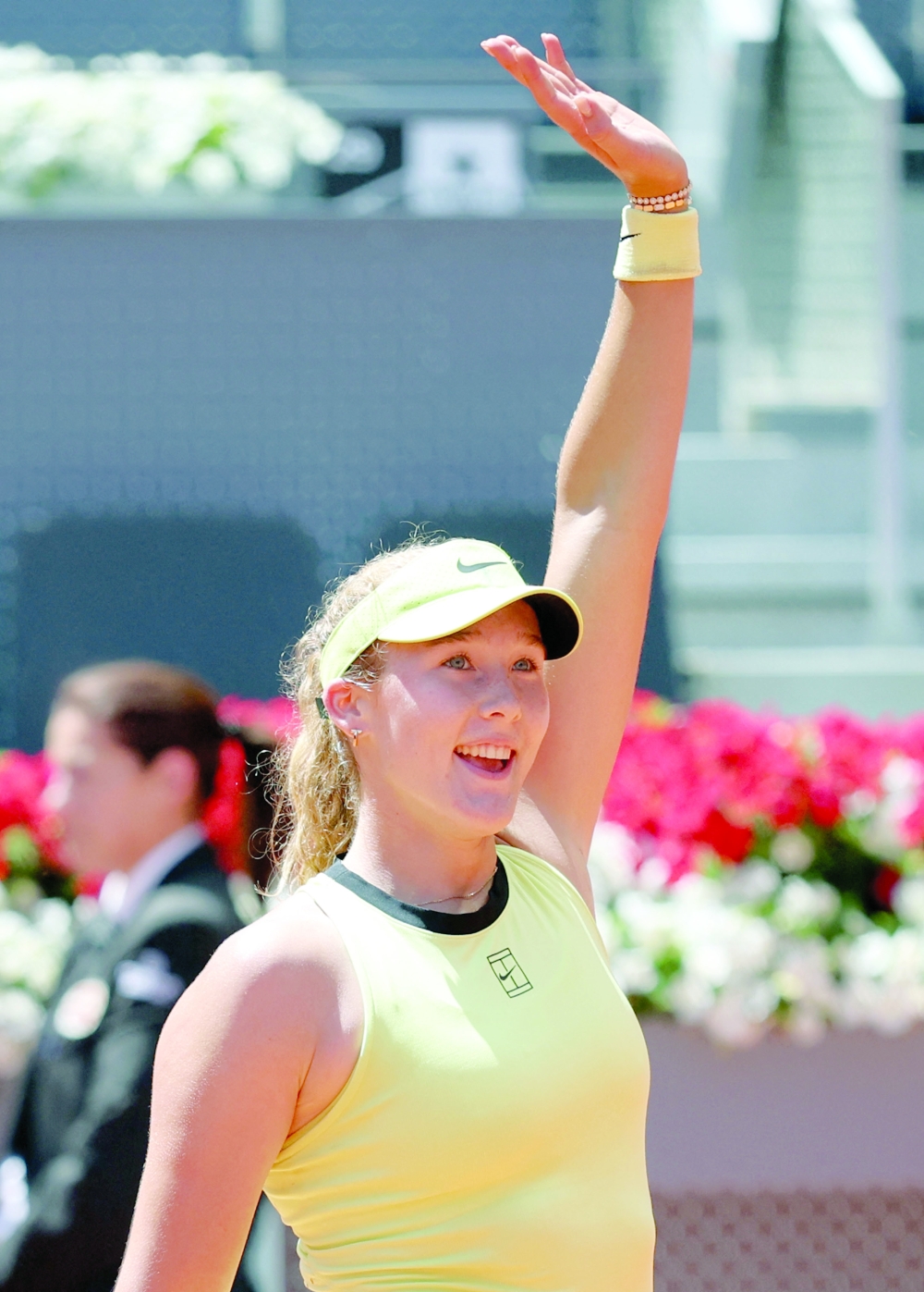 Tennis - Madrid Open - Park Manzanares, Madrid, Spain - April 28, 2026 Russia's Mirra Andreeva celebrates after winning her quarter final match against Canada's Leylah Fernandez REUTERS/Isabel Infantes