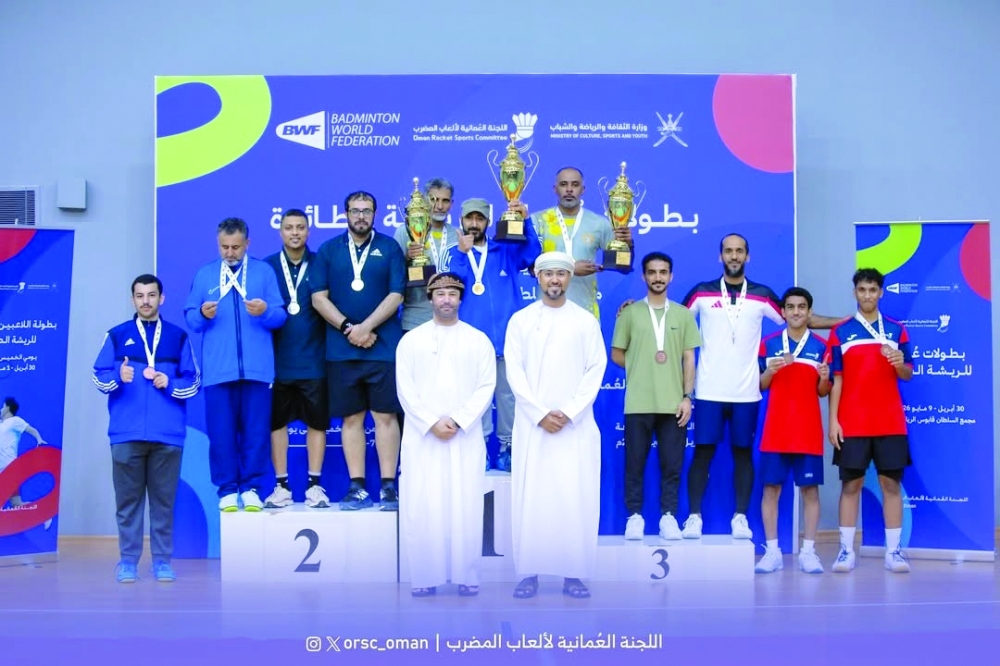 Winners and officials during the closing ceremony of the Omani Players Badminton Championship at the Sultan Qaboos Sports Complex in Bausher.