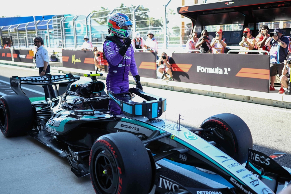 Mercedes' Italian driver Kimi Antonelli celebrates after winning the pole position  during the qualifying session for the 2026 Miami Formula One Grand Prix  