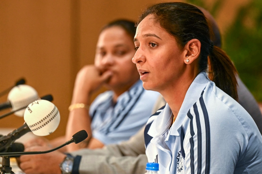 Indian women's cricket captain Harmanpreet Kaur speaks during a press conference to announce the squad for the upcoming ICC Women's T20 World Cup and tour of England

