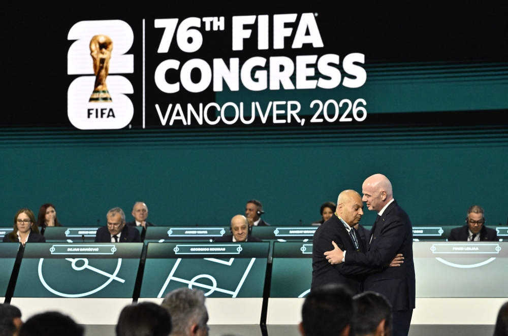  
FIFA President Gianni Infantino with Moshe Zuares, President of the Israeli football federation as Jibril Rajoub, President of the Palestine Football association during the congress  