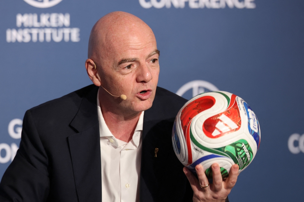 FIFA President Gianni Infantino speaks during the 29th annual Milken Institute Global Conference at the Beverly Hilton 
