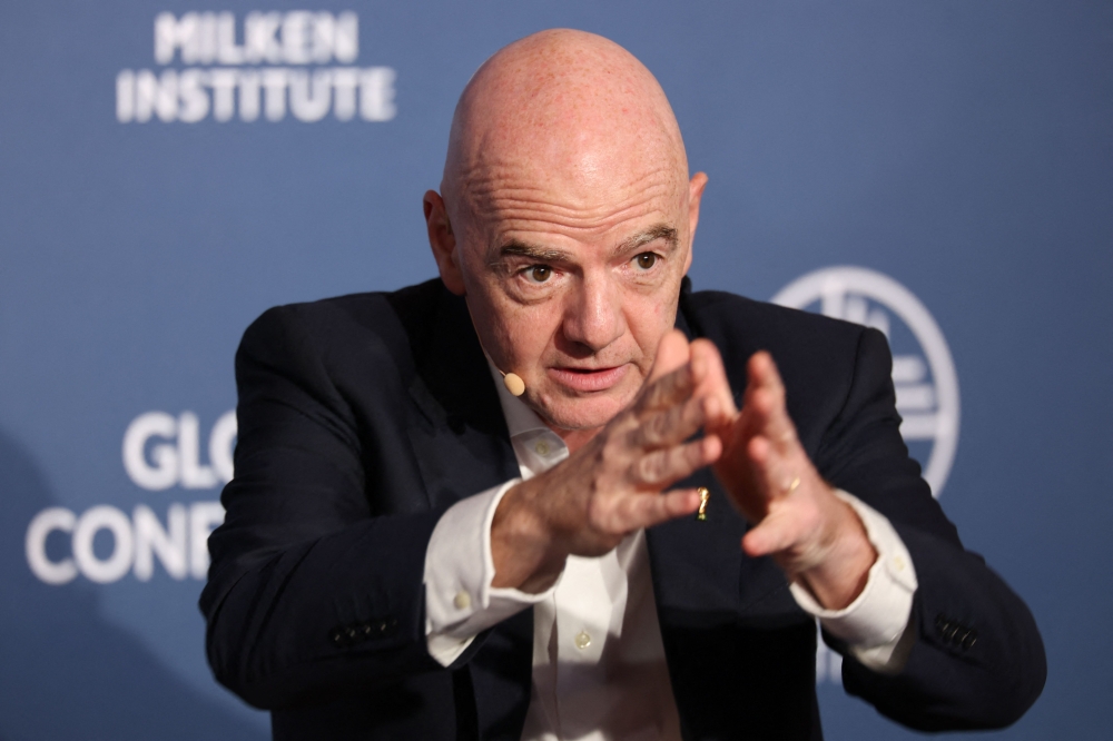 FIFA President Gianni Infantino speaks during the 29th annual Milken Institute Global Conference at the Beverly Hilton in Beverly Hills 
