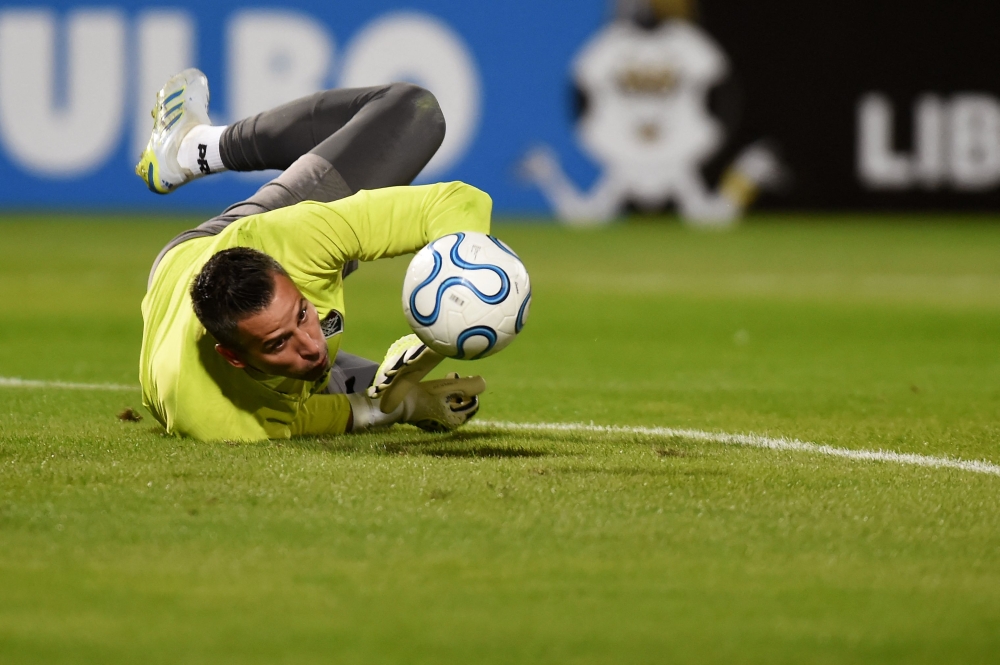 Fluminense's goalkeeper #01 Fabio warms up before the Copa Libertadores group stage football match  

