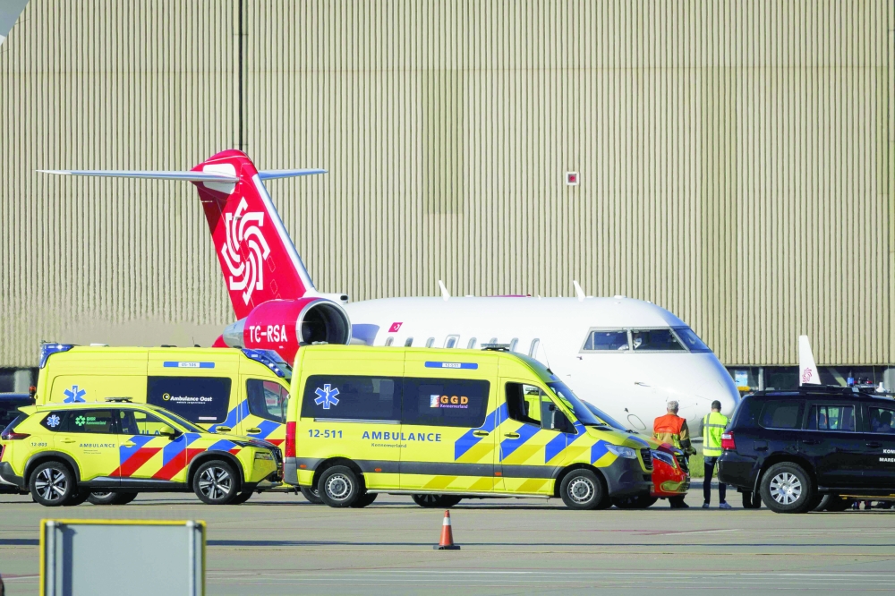 Second plane believed to be carrying a sick passenger from the hantavirus-hit cruise ship MV Hondius arrives at the Schiphol airport, near Amsterdam. — AFP