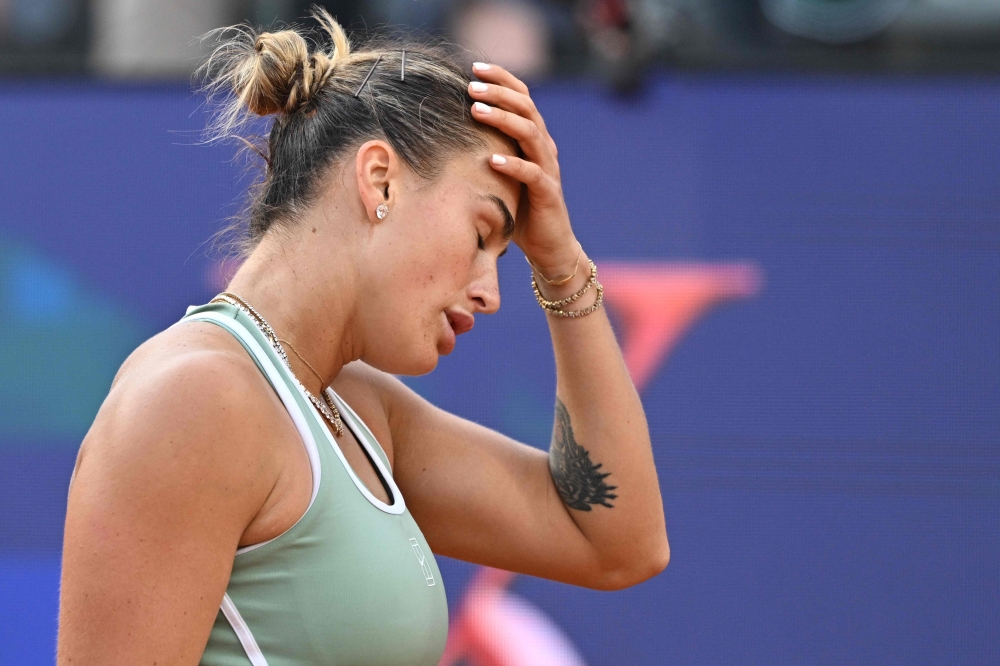  Belarus' Aryna Sabalenka reacts during her match against Romania's Sorana Cirstea during the WTA Rome Open tennis tournament  
