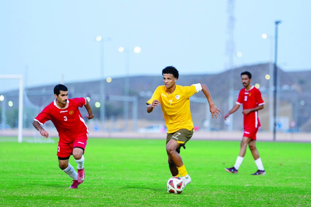 Oman U20 players in action during their friendly match against the Royal Army of Oman, which ended in a 1-1 draw as part of their internal training camp in Muscat.