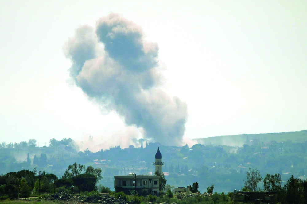 Smoke rising from the southern Lebanese area of Marjeyoun after an Israeli air strike that targeted the village of Zawtar al Gharbiyeh. — AFP