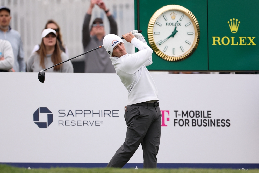  Matt Fitzpatrick plays a tee shot on the ninth hole during a practice round of the PGA Championship golf tournament at Aronimink  