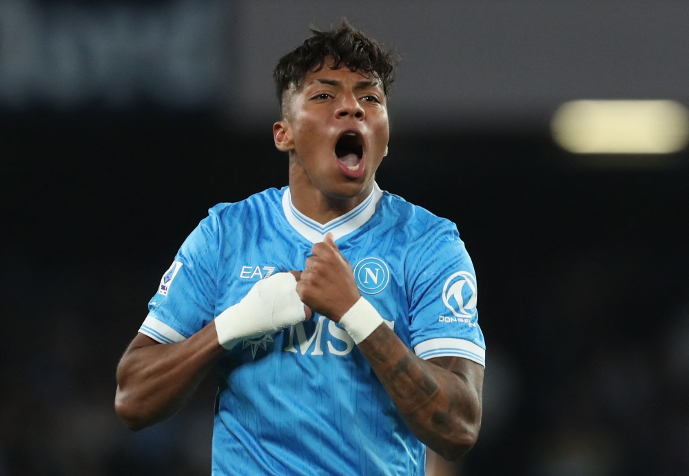 Napoli's Brazilian forward #27 Alisson Santos celebrates after scoring a goal  