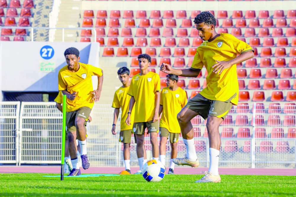 Oman U17 squad members go through drills during the internal training camp in Muscat ahead of their friendly matches against Qatar in Doha.