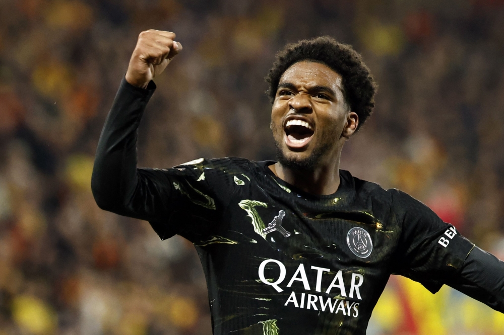  Paris Saint-Germain's French forward #49 Ibrahim Mbaye celebrates after scoring a goal 