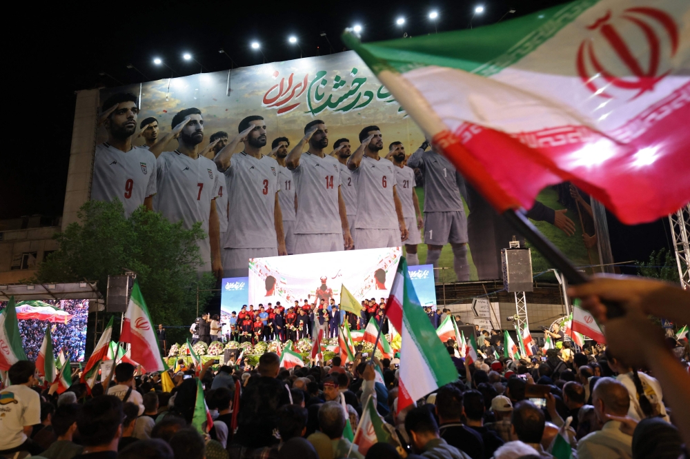 Members of Iran's national football team attend a ceremony ahead of their departure for the 2026 FIFA World Cup 
