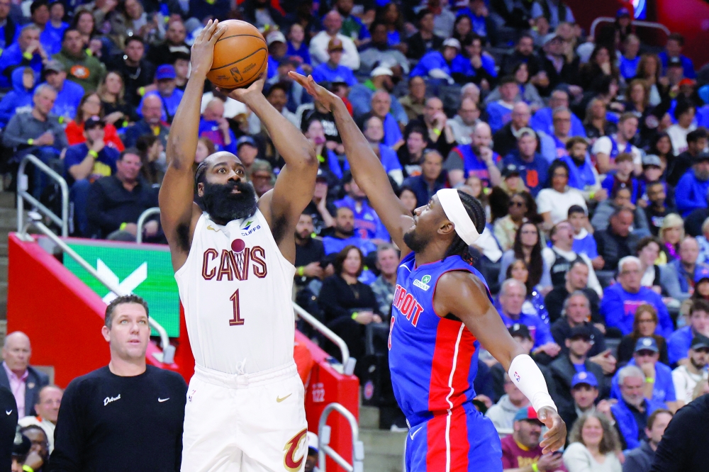 Cleveland Cavaliers guard James Harden (1) shoots on Detroit Pistons guard Caris LeVert (8) in the first half during game five of the second round of the 2026 NBA Playoffs at Little Caesars Arena. — Imagn Images