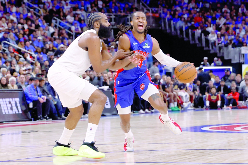 Detroit Pistons guard Daniss Jenkins (24) dribbles defended by Cleveland Cavaliers guard James Harden (1) in the second half during game five of the second round of the 2026 NBA Playoffs at Little Caesars Arena. — Imagn Images
