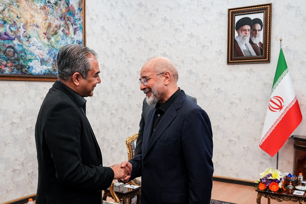 Iranian Parliament Speaker Mohammad Bagher Ghalibaf meets with Pakistan's Interior Minister Mohsin Naqvi, in Tehran, Iran, May 17, 2026.