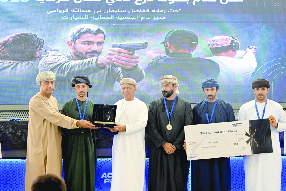 Al Karitha team members celebrate after being crowned champions of the Oman Shooting Club Shield Championship at Active Oman Centre. — Hussein al Muqbali