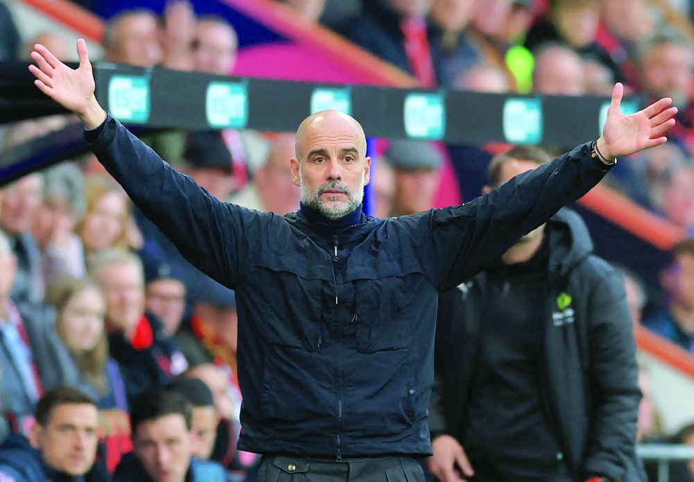 Soccer Football - Premier League - AFC Bournemouth v Manchester City - Vitality Stadium, Bournemouth, Britain - May 19, 2026
Manchester City manager Pep Guardiola reacts Action Images via Reuters