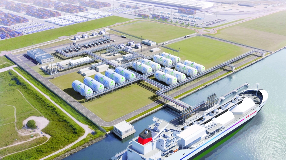 Rendering of the planned import terminal at the Dutch end of the Liquid Hydrogen Corridor.
