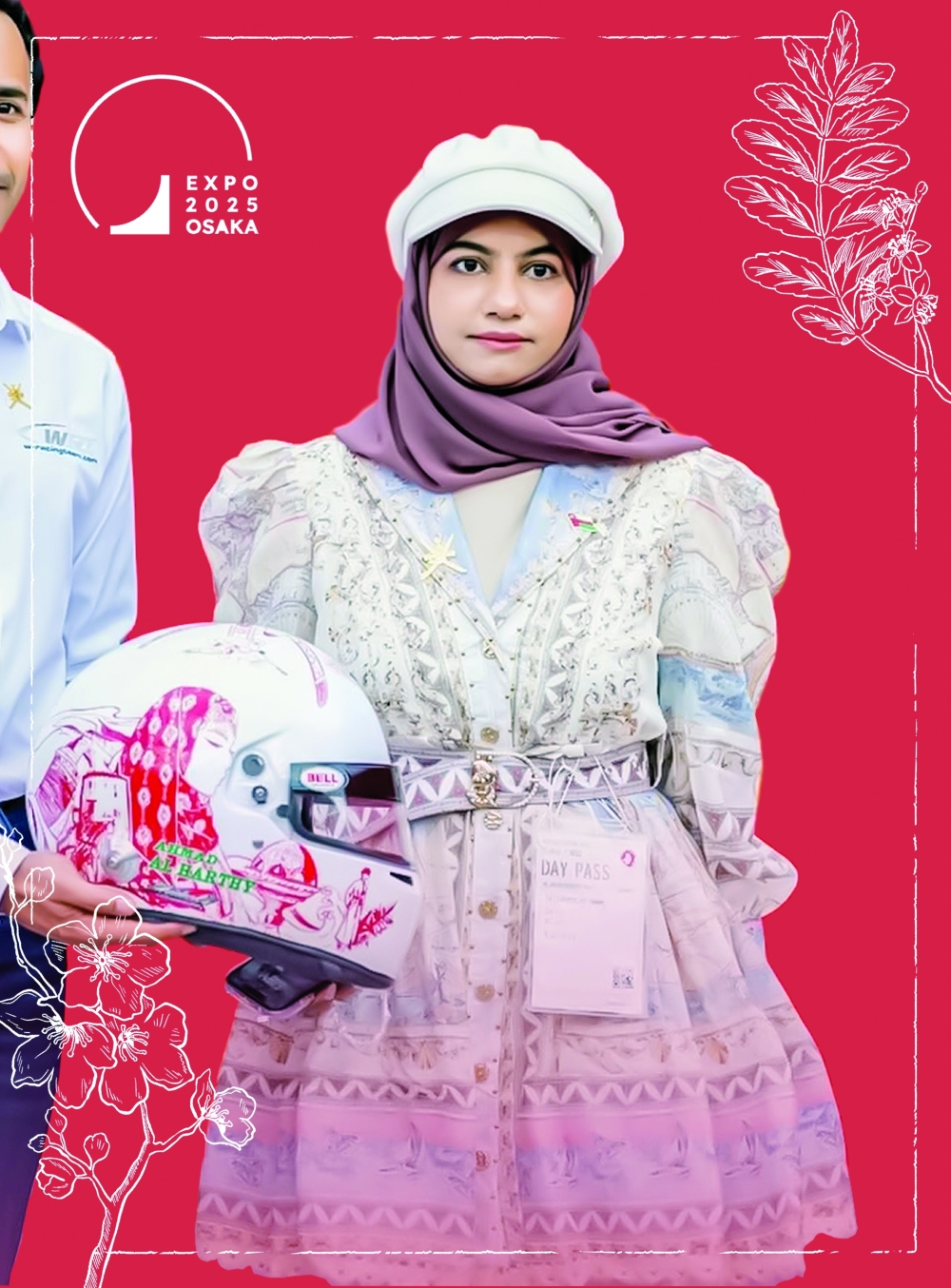 Zainab al Lawati standing at the Oman Pavilion during Expo 2025 Osaka as her helmet design was unveiled to an international audience.