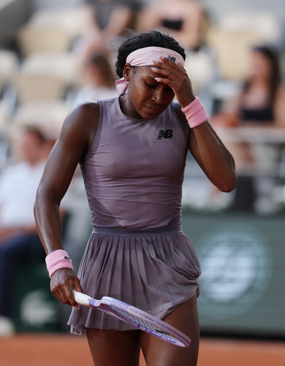  
Coco Gauff of the U.S. reacts during her third round match against Austria's Anastasia Potapova  