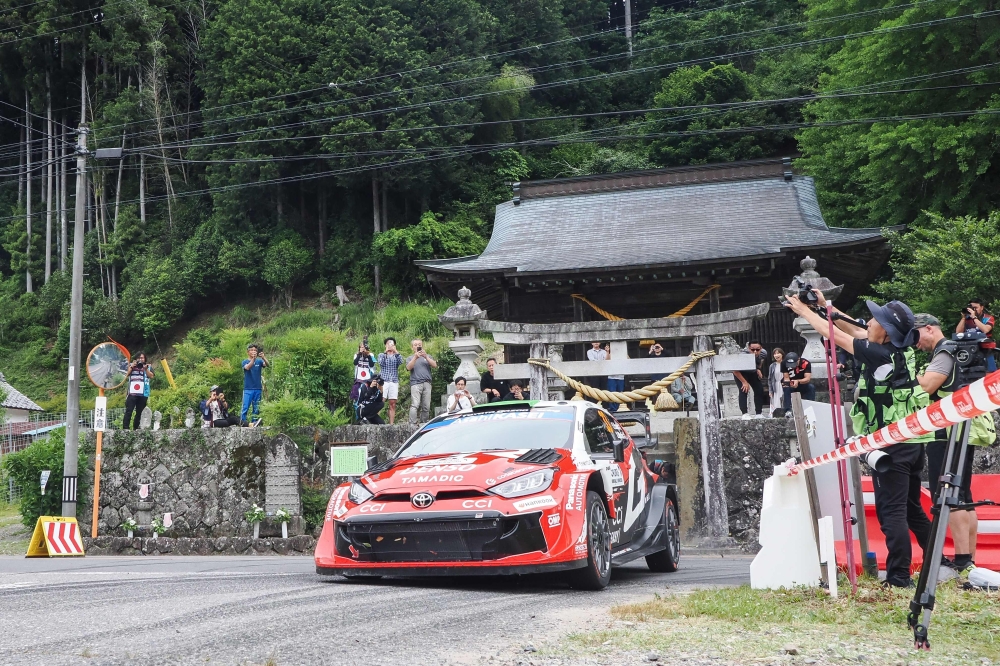 Elfyn Evans of Britain and his co-driver Scott Martin of Britain drive their Toyota GR Yaris Rally1  
