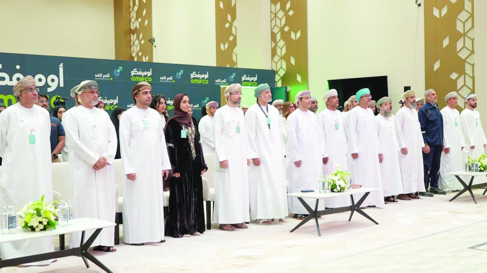Top officials representing OMIFCO and its principal shareholders, along with Muscat Stock Exchange, pictured at a media briefing at the company’s Sur complex on Tuesday.