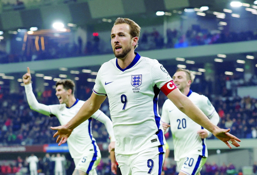England's Harry Kane celebrates scoring their first goal during the World Cup Uefa Qualifiers Group K match against Albania in Tirana on November 16, 2025. — Reuters