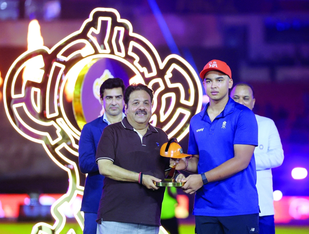 Rajasthan Royals' Vaibhav Sooryavanshi is awarded the Orange Cap for being the highest run-getter by BCCI Vice-President Rajeev Shukla. — Reuters