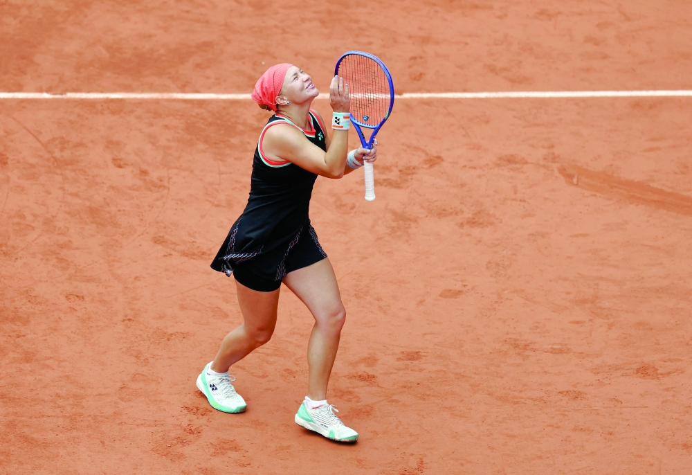 Tennis - French Open - Roland Garros, Paris, France - June 3, 2026
Russia's Diana Shnaider celebrates after winning her quarter final match against Belarus' Aryna Sabalenka REUTERS/Stephane Mahe