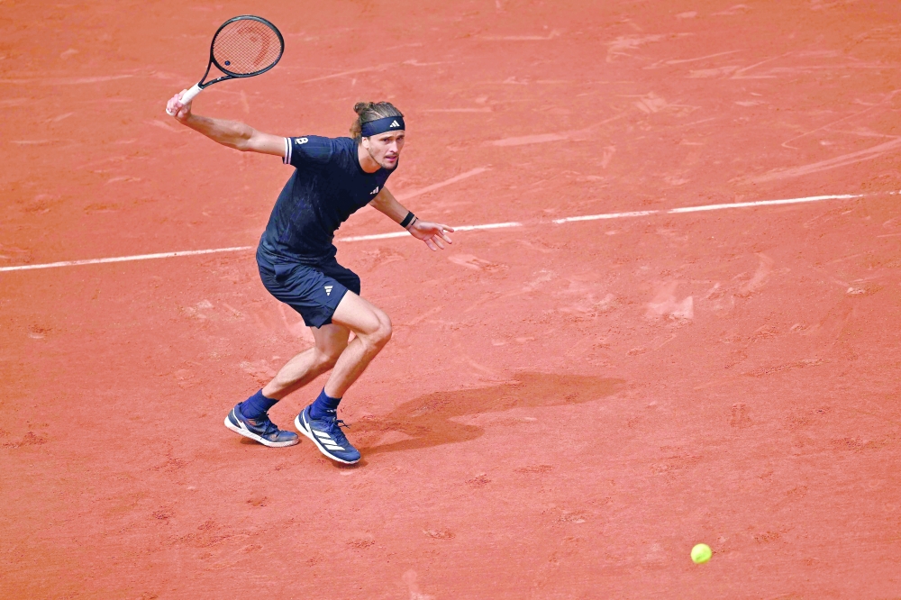 Germany's Alexander Zverev plays a backhand return to Czech Republic's Jakub Mensik during their men's semi final singles match 