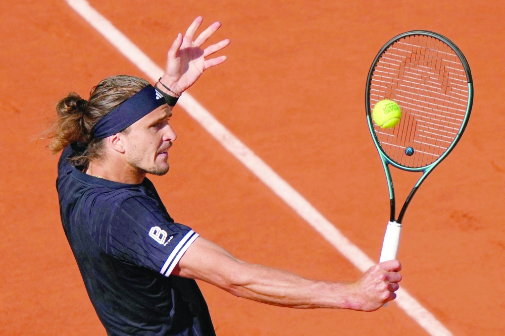 Czech Republic's Jakub Mensik plays a backhand return to Germany's Alexander Zverev during their men's semi final singles match 