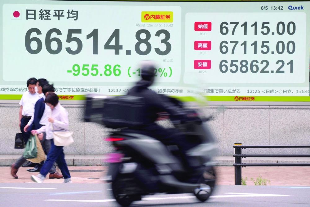 Electronic quotation boards display the Nikkei Stock Average on the Tokyo Stock Exchange along a street in Tokyo