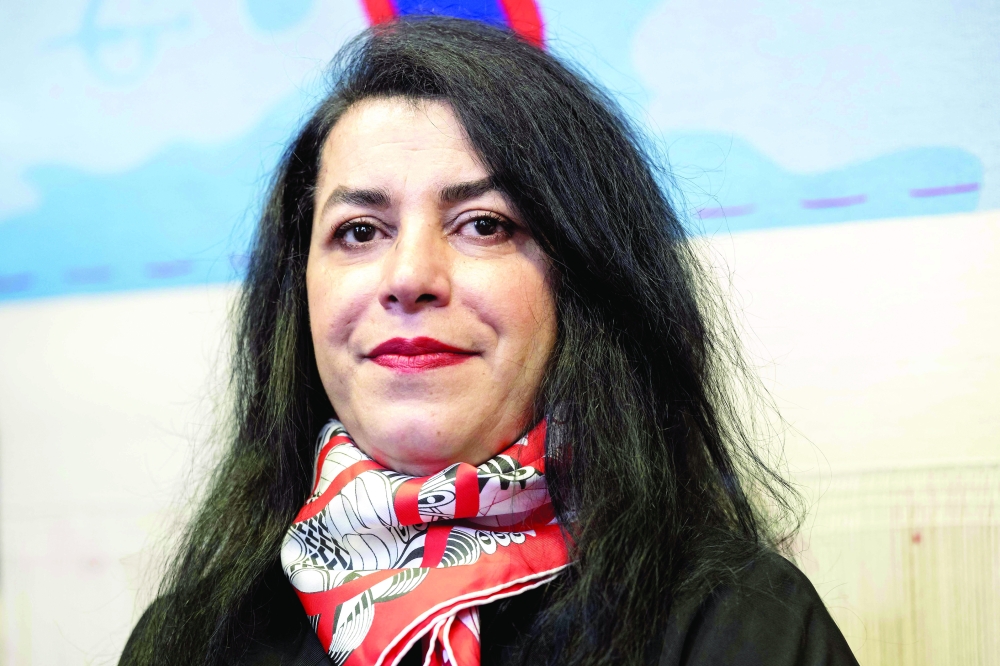 French-Iranian graphic novelist and illustrator Marjane Satrapi during the unveiling of an Olympic triptych tapestry created for the Paris 2024 Olympic Games