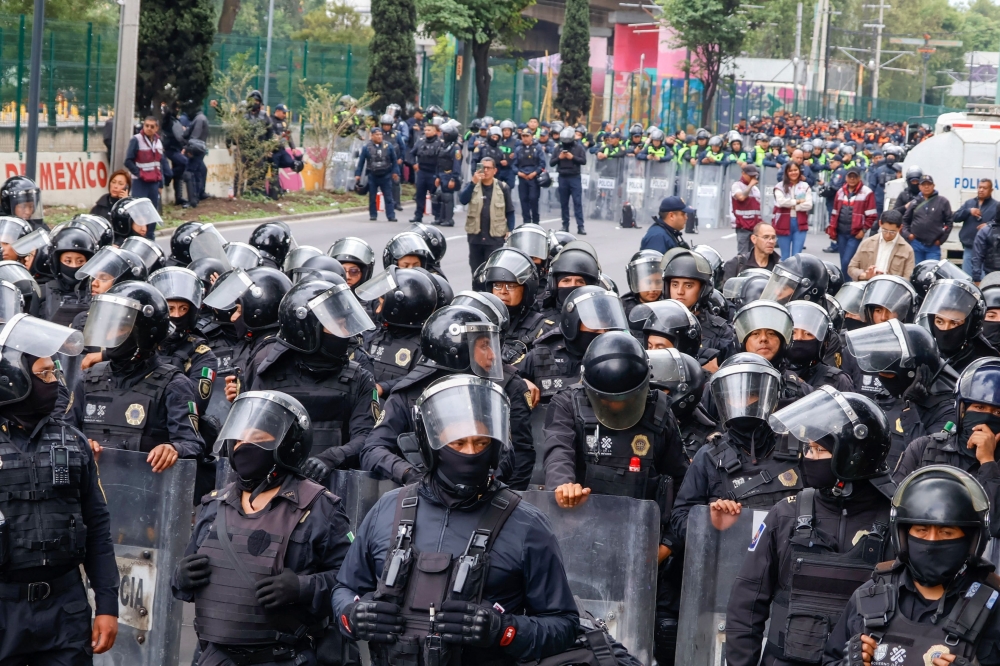 Thousands of teachers blocked an avenue leading to the Azteca Stadium in Mexico City