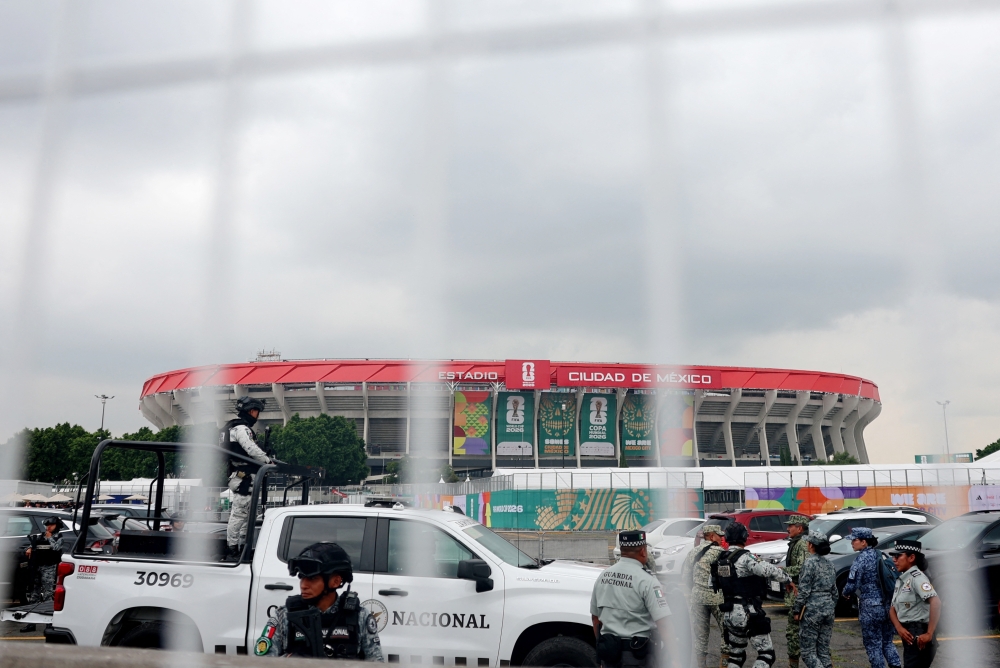  
Members of the National Guard outside the Estadio Azteca ahead World Cup 2026