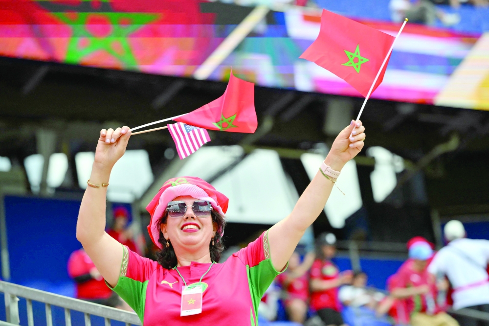 A Moroccan fan cheers ahead of the international friendly football match between Morocco and Norway at Sports Illustrated Stadium in Harrison