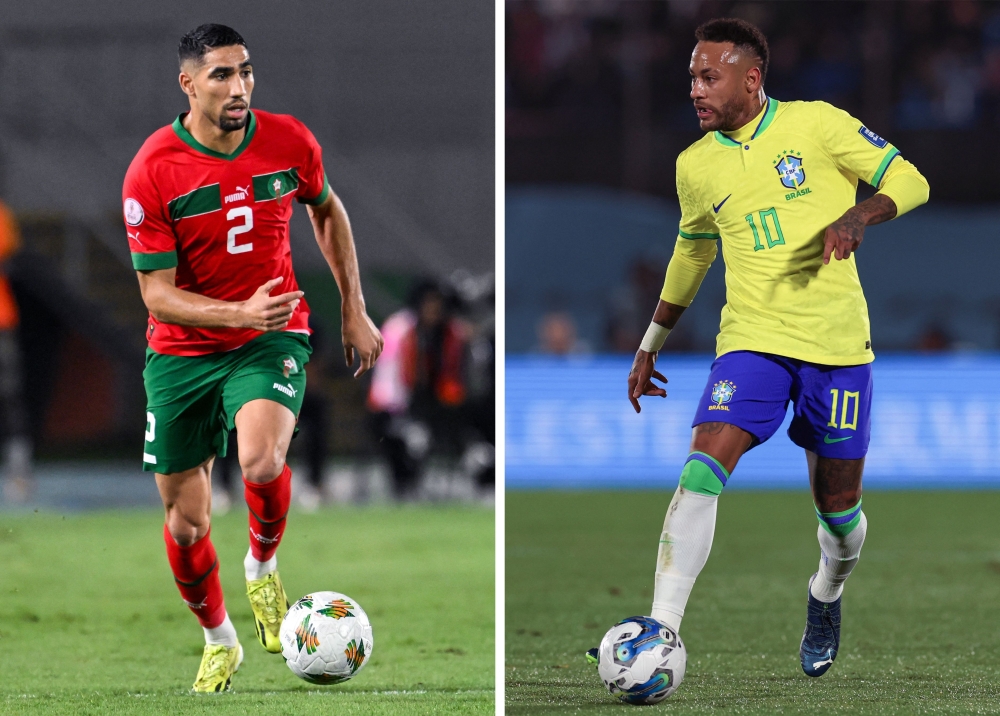 file photo shows Morocco's defender Achraf Hakimi and Brazil's forward Neymar. —  AFP
